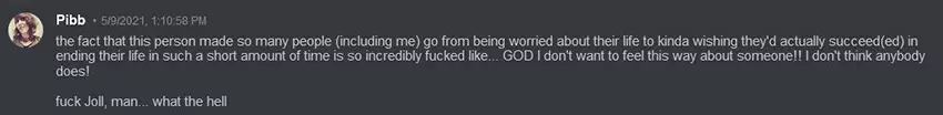Pibb on Discord says 'the fact that this person made so many people (including me) go from being worried about their life to kinda wishing they'd actually succeed(ed) in ending their life in such a short amount of time is so incredibly fucked like... GOD I don't want to feel this way about someone!! I don't think anybody does! fuck Joll, man... what the hell'