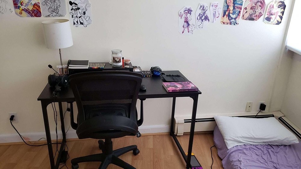 Image of Jollys bedroom, showing floraverse illustrations on the wall, a nintendo switch on the floor, a desk where a laptop sits, some markers, and a foam mattress topper folded in half on the floor.