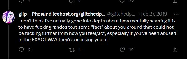 Glip says on Twitter: 'I don't think I've actually gone into depth about how mentally scarring it is to have fucking randos tout some "fact" about you around that could not be fucking further from how you feel/act, especially if you've been abused in the EXACT WAY they're accusing you of'